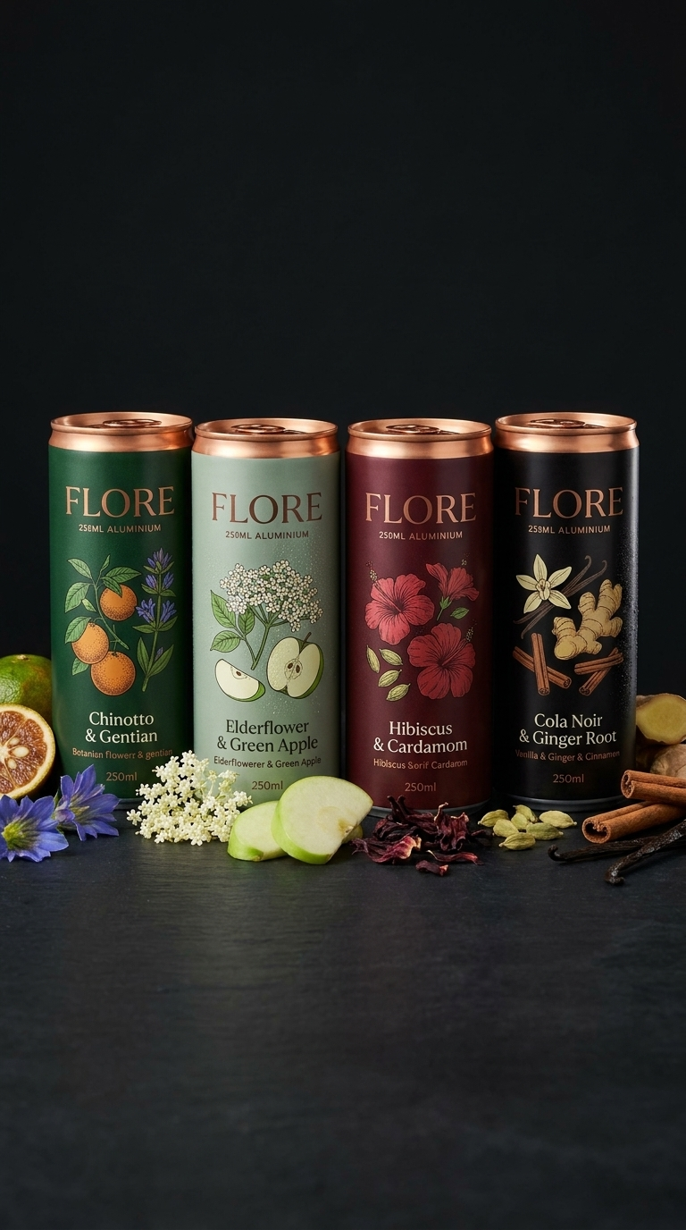 The four FLORE botanical soda flavours
